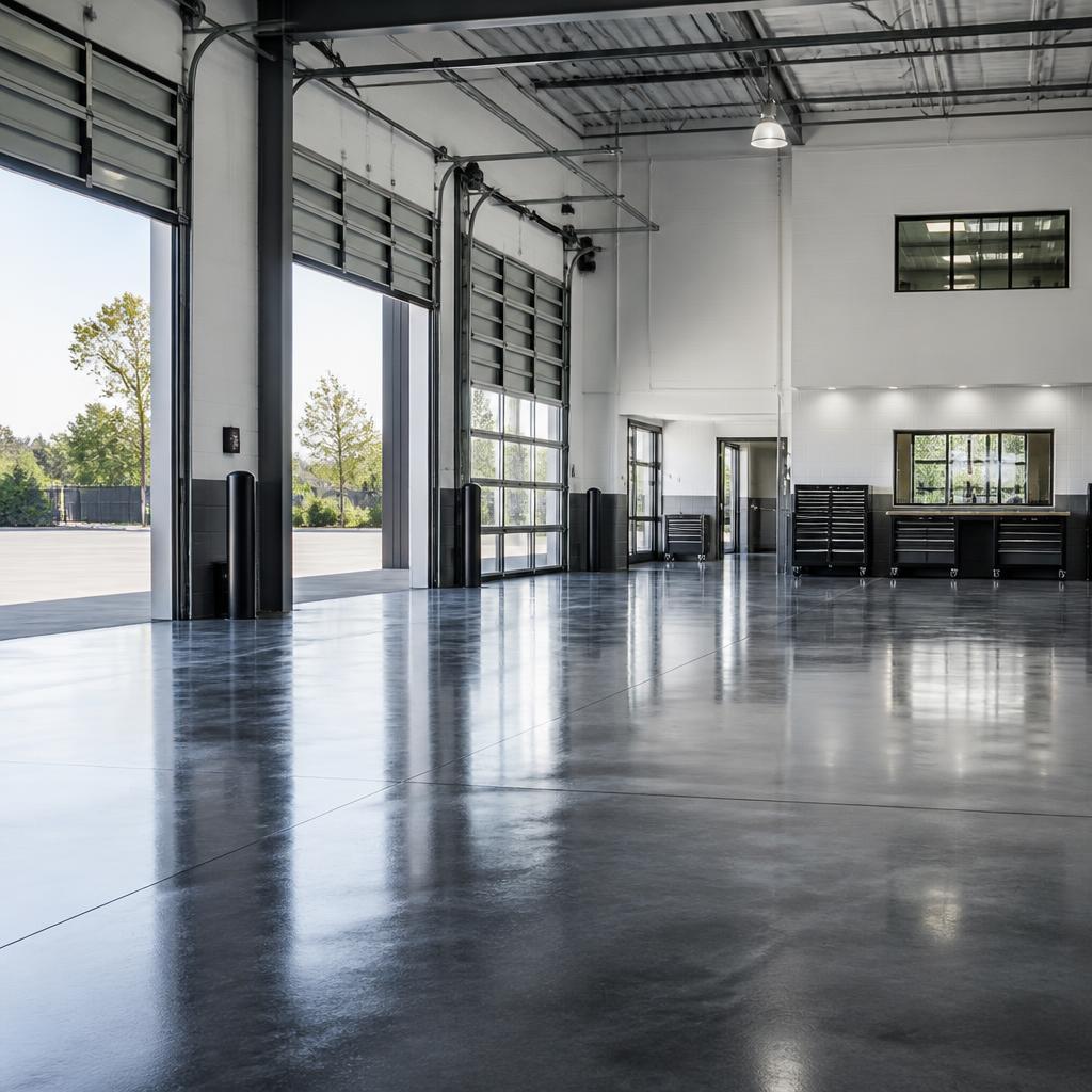 Wide commercial garage bay with a clean dark slate coated concrete floor