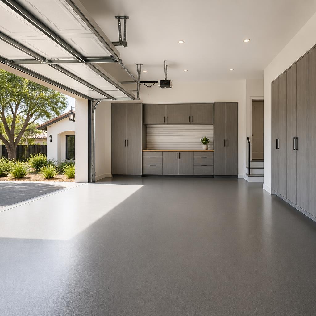 A bright garage interior with a medium gray coated floor