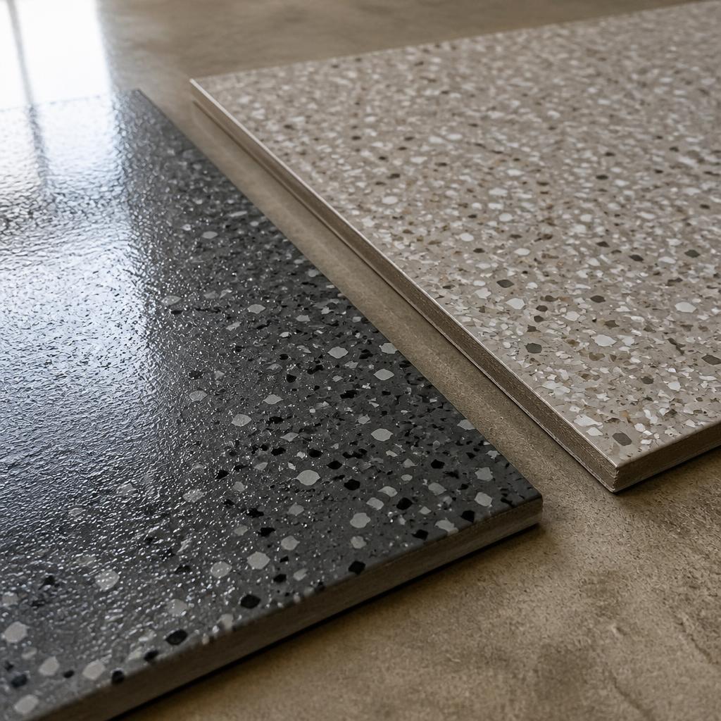 Close view of contrasting flake finish textures