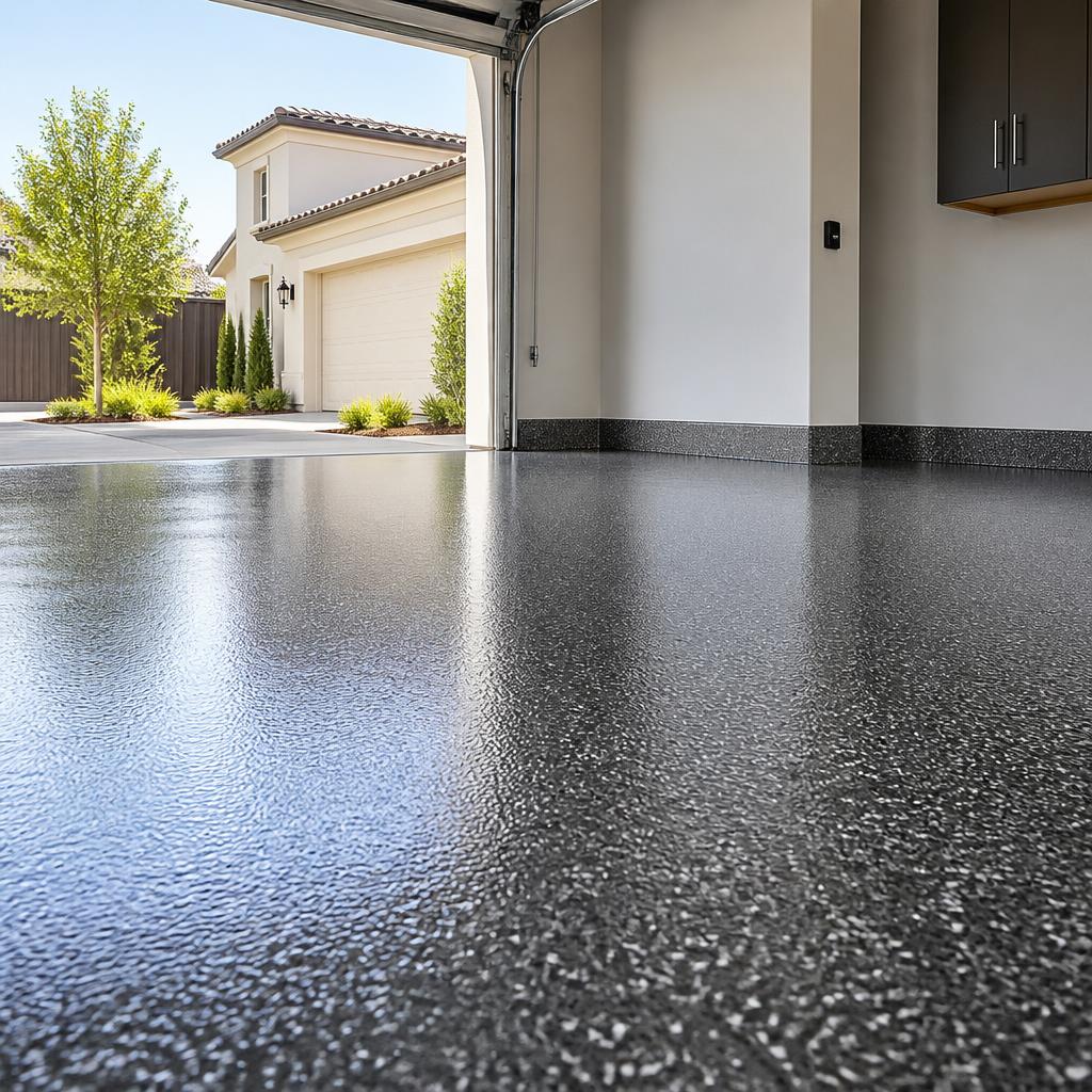Graphite epoxy floor with silver mineral flakes in a Sacramento residential garage
