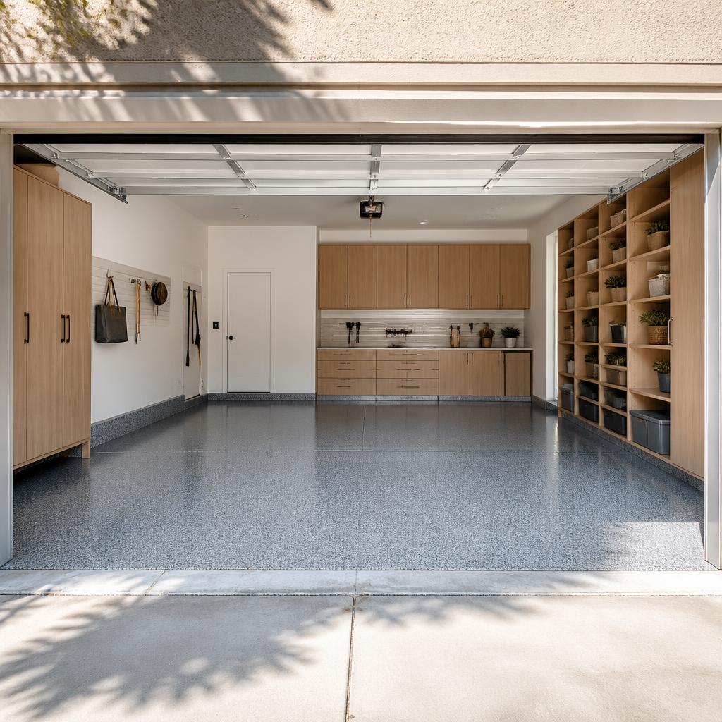Light gray polyaspartic coating with fine flakes across a residential garage floor