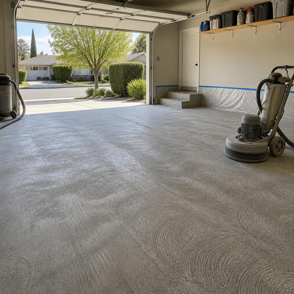 Concrete garage slab prepared for a floor coating